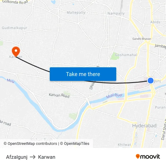 Afzalgunj to Karwan map