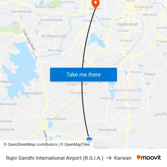 Rajiv Gandhi International Airport (R.G.I.A.) to Karwan map