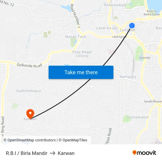 R.B.I / Birla Mandir to Karwan map