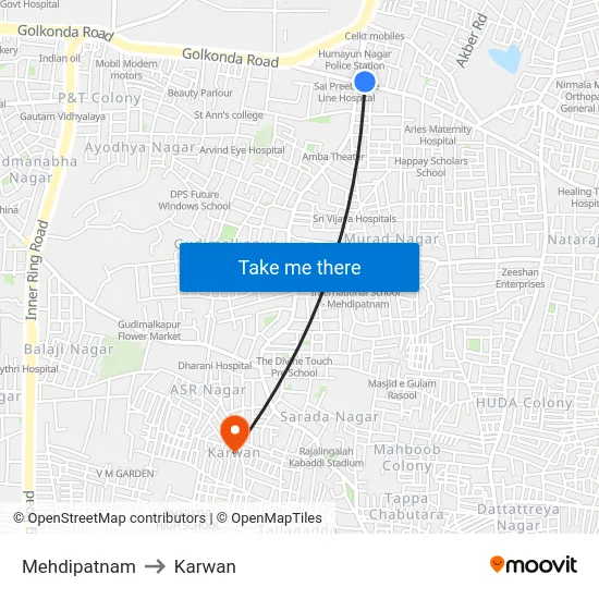 Mehdipatnam to Karwan map