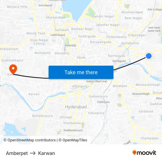 Amberpet to Karwan map