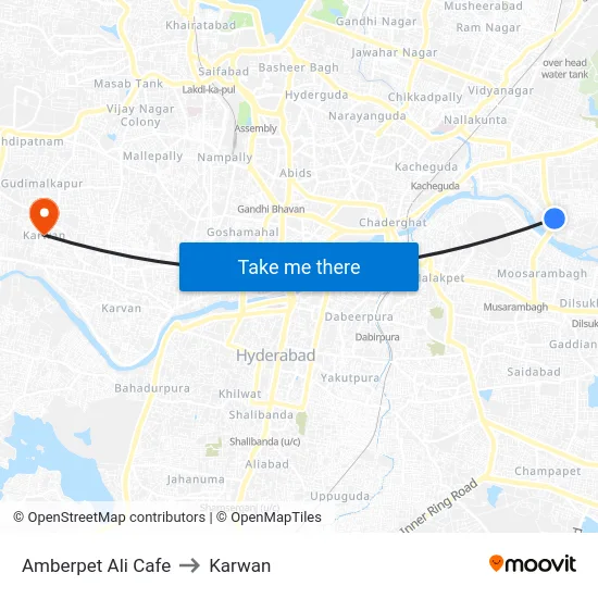 Amberpet Ali Cafe to Karwan map