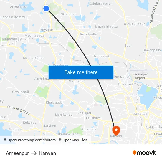 Ameenpur to Karwan map