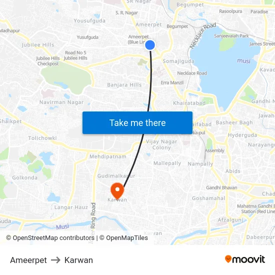 Ameerpet to Karwan map