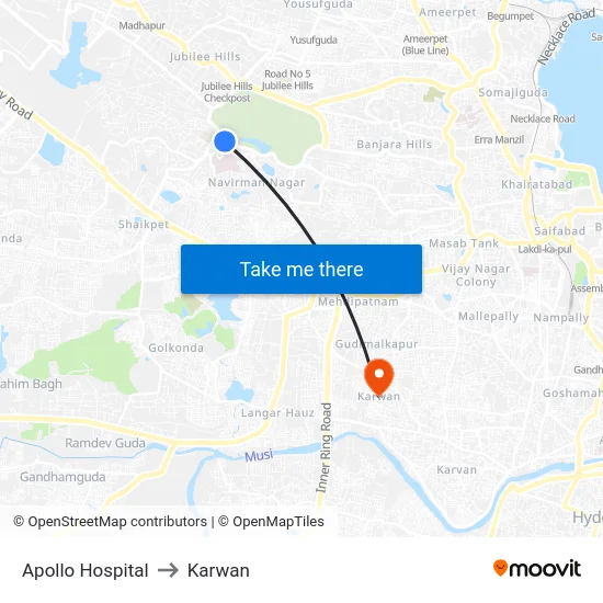 Apollo Hospital to Karwan map