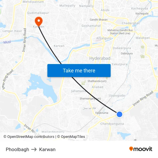 Phoolbagh to Karwan map