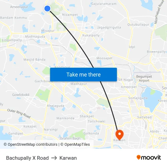Bachupally X Road to Karwan map