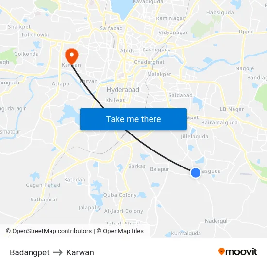 Badangpet to Karwan map