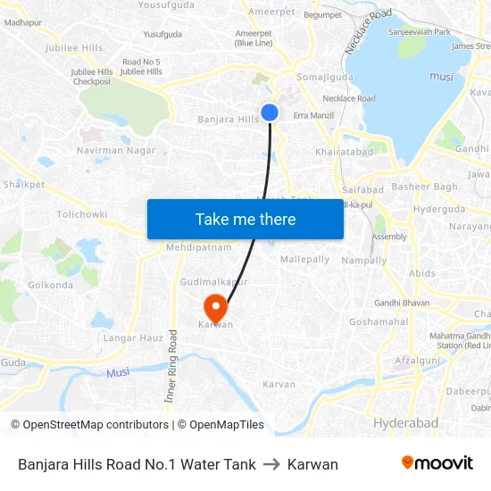 Banjara Hills Road No.1 Water Tank to Karwan map