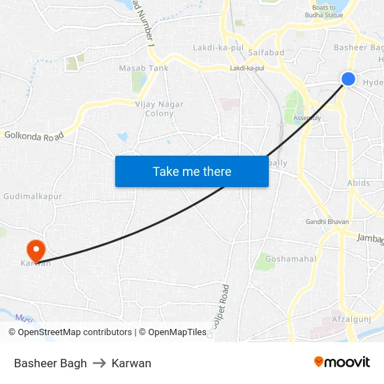 Basheer Bagh to Karwan map