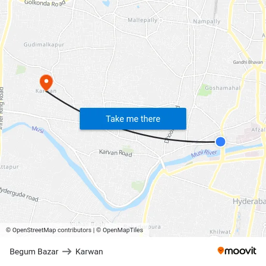 Begum Bazar to Karwan map