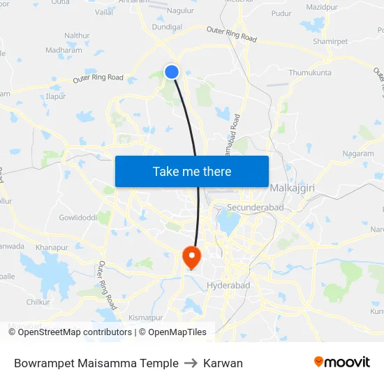 Bowrampet Maisamma Temple to Karwan map