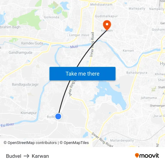 Budvel to Karwan map