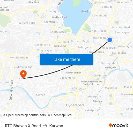 RTC Bhavan X Road to Karwan map