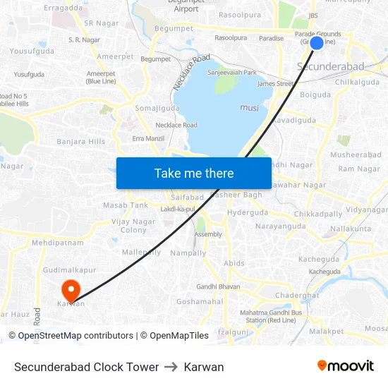 Secunderabad Clock Tower to Karwan map