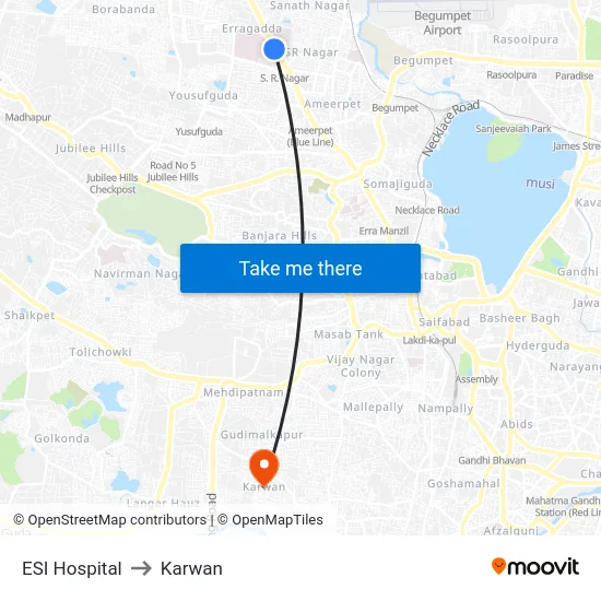 ESI Hospital to Karwan map