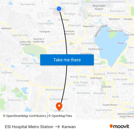 ESI Hospital Metro Station to Karwan map