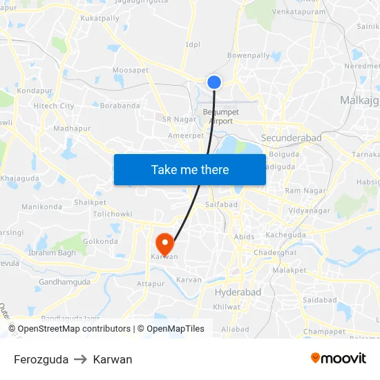 Ferozguda to Karwan map