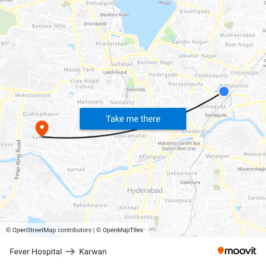 Fever Hospital to Karwan map