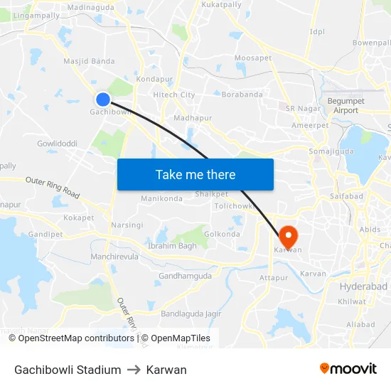 Gachibowli Stadium to Karwan map
