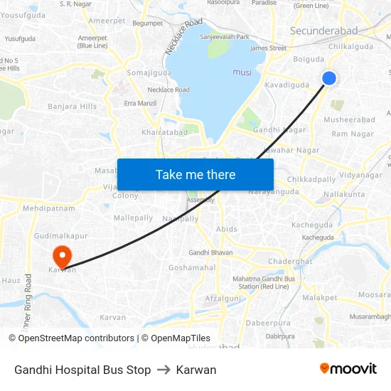 Gandhi Hospital Bus Stop to Karwan map