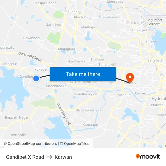 Gandipet X Road to Karwan map