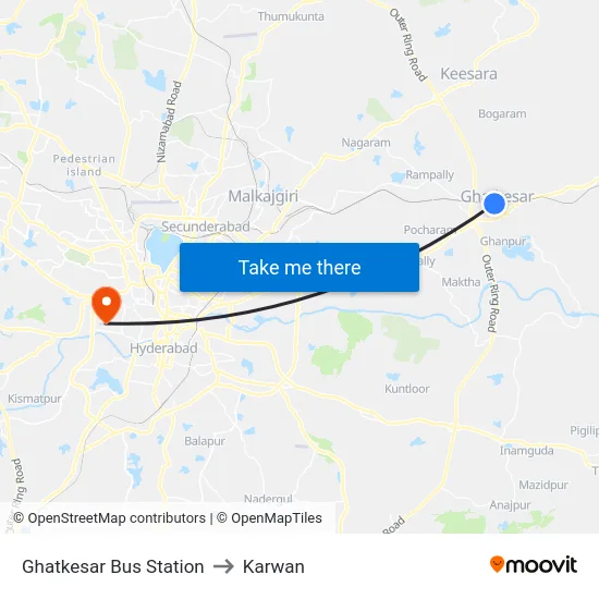 Ghatkesar Bus Station to Karwan map