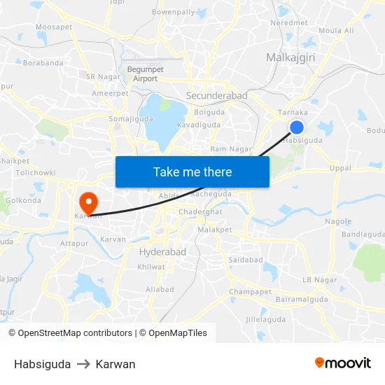 Habsiguda to Karwan map