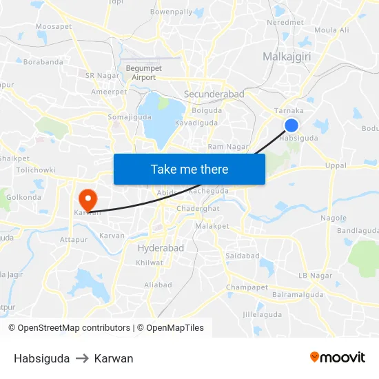 Habsiguda to Karwan map