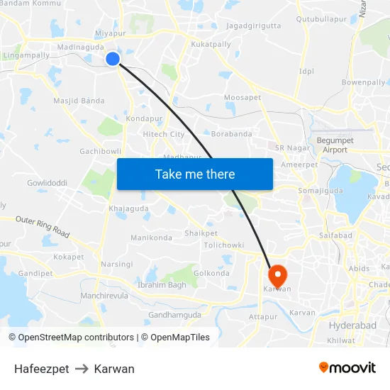 Hafeezpet to Karwan map