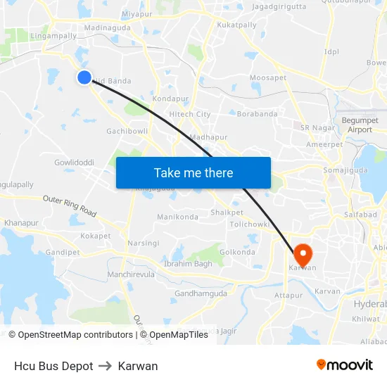 Hcu Bus Depot to Karwan map