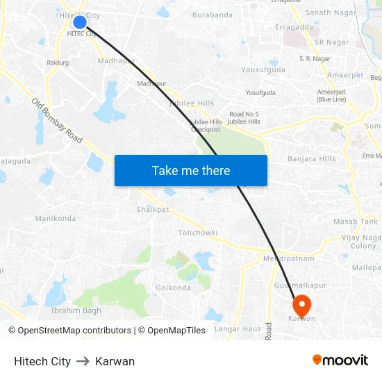 Hitech City to Karwan map