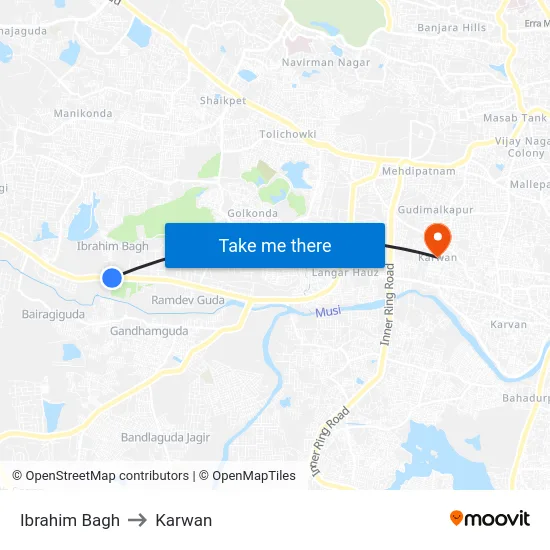 Ibrahim Bagh to Karwan map