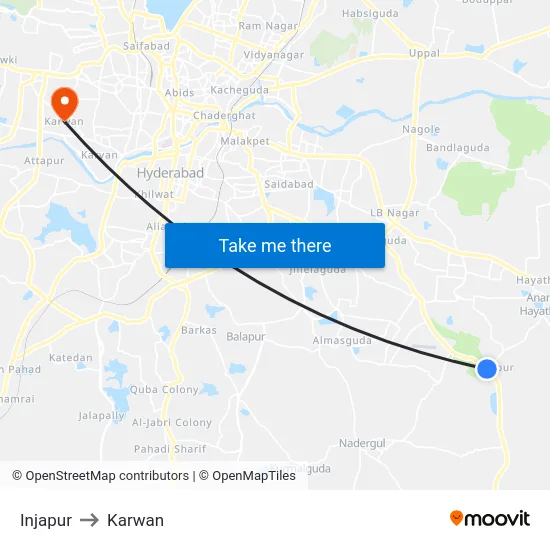 Injapur to Karwan map