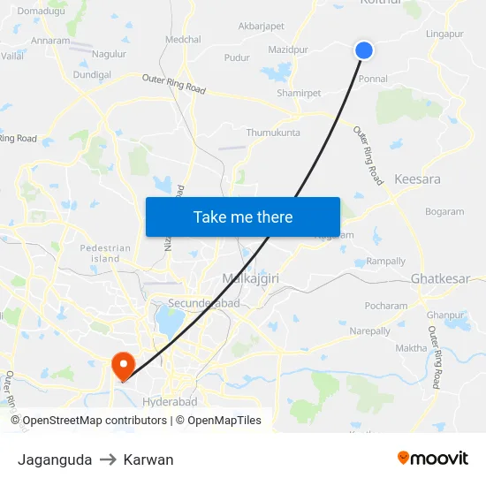 Jaganguda to Karwan map