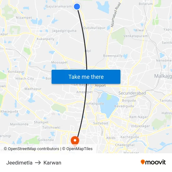 Jeedimetla to Karwan map