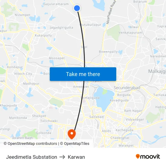 Jeedimetla Substation to Karwan map