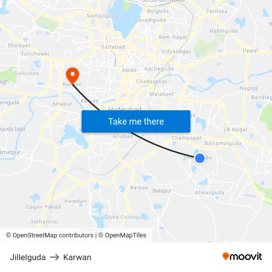 Jillelguda to Karwan map