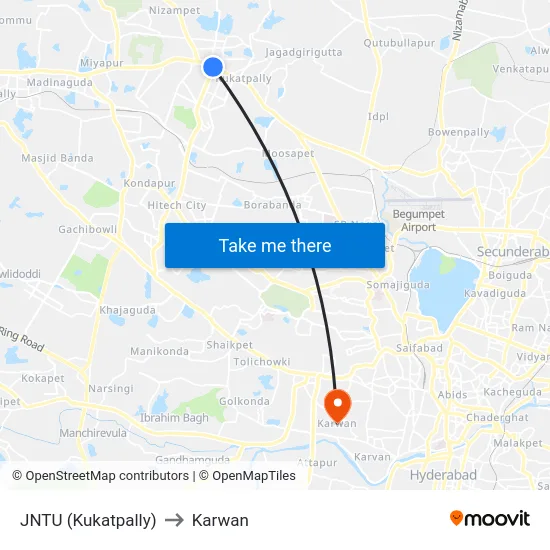 JNTU (Kukatpally) to Karwan map