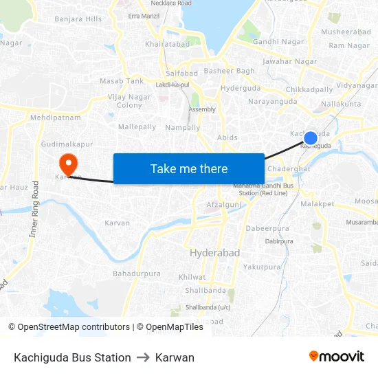 Kachiguda Bus Station to Karwan map