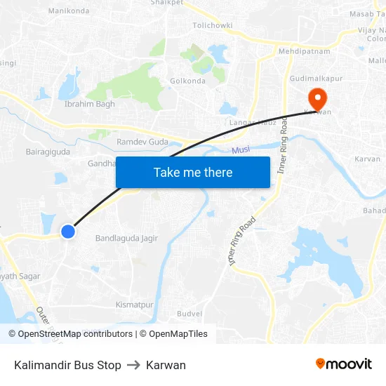 Kalimandir Bus Stop to Karwan map