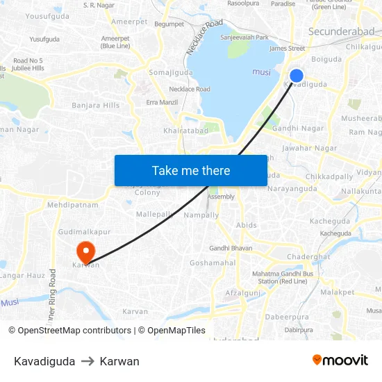 Kavadiguda to Karwan map