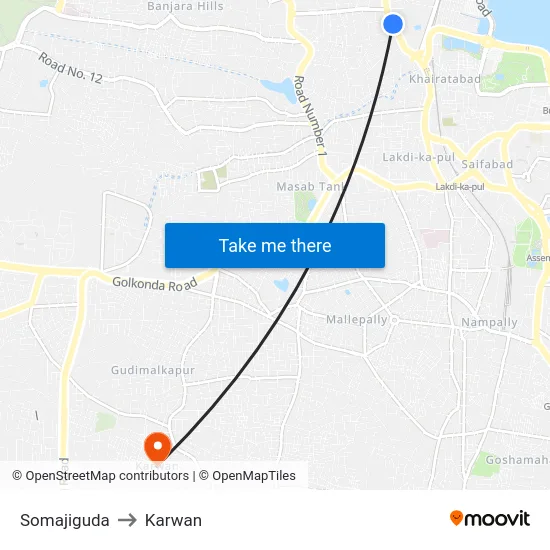 Somajiguda to Karwan map