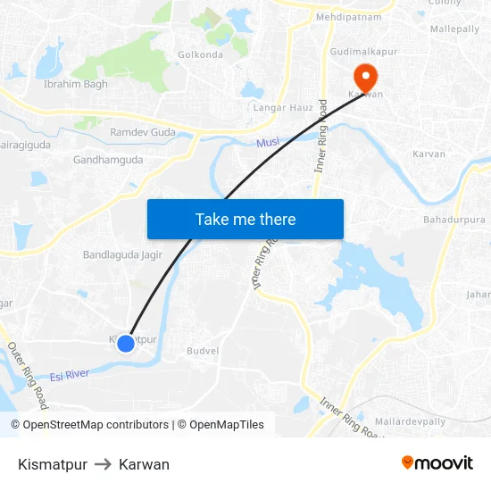 Kismatpur to Karwan map