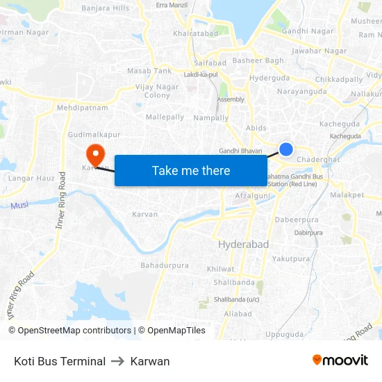 Koti Bus Terminal to Karwan map