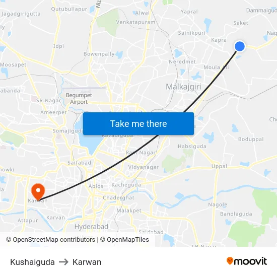 Kushaiguda to Karwan map