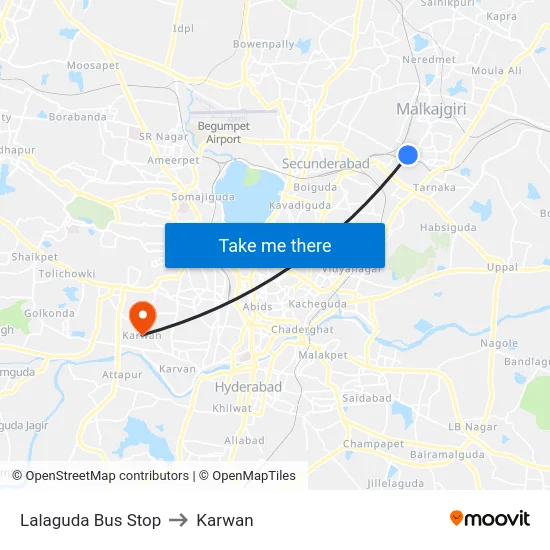 Lalaguda Bus Stop to Karwan map