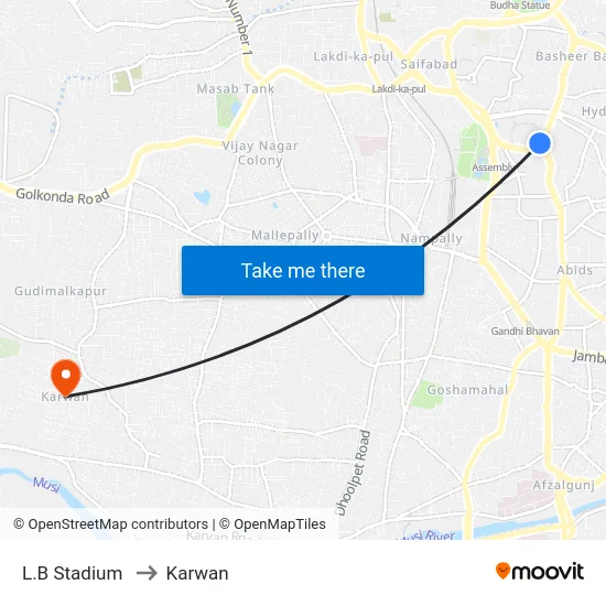 L.B Stadium to Karwan map