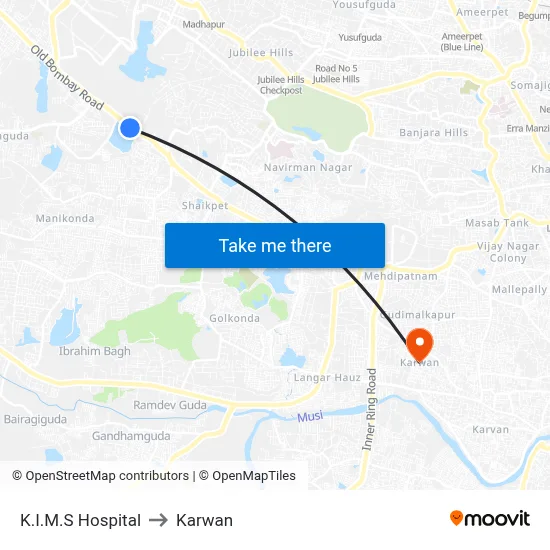 K.I.M.S Hospital to Karwan map