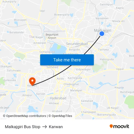 Malkajgiri Bus Stop to Karwan map